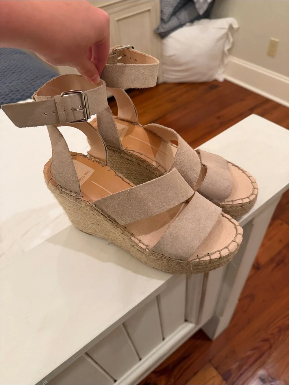 Dolce Vita Beige Suede Espadrille Wedge Sandals with Ankle Strap